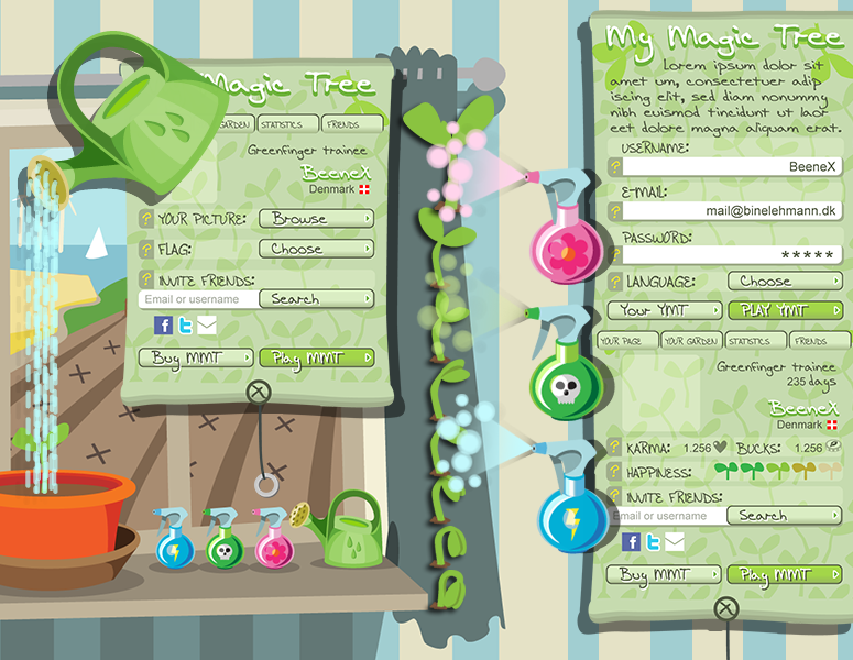 Magic Tree mobilt spil: Id, idudvikling, interface design, illustrationer, animationer, flow mv.